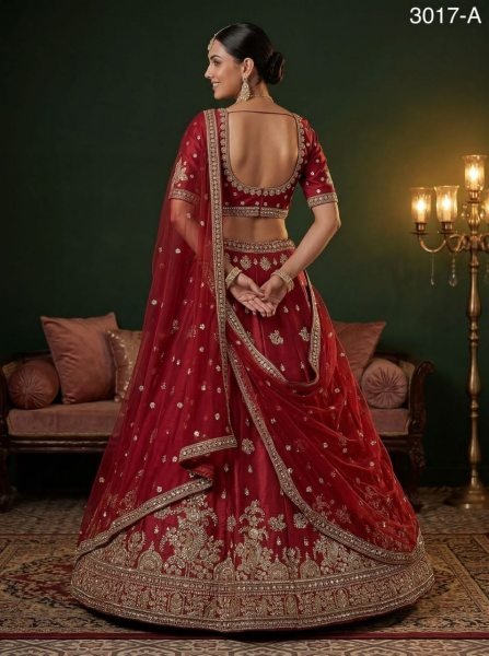 Vibrant Red Silk Bridal Lehenga with Gold Zari Work and Double Dupatta Bridal Lehenga Choli
