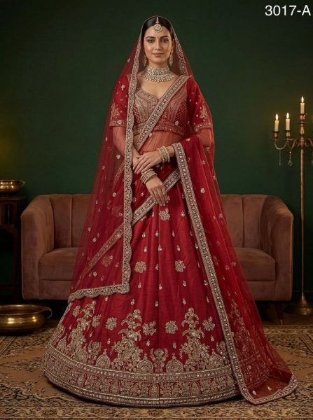 Vibrant Red Silk Bridal Lehenga with Gold Zari Work and Double Dupatta Bridal Lehenga Choli
