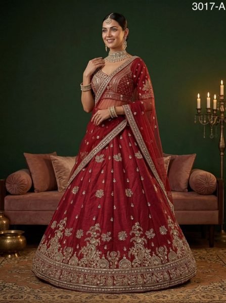 Vibrant Red Silk Bridal Lehenga with Gold Zari Work and Double Dupatta Bridal Lehenga Choli