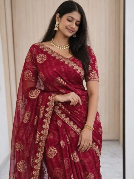 Vibrant Red Stylish Embroidery Saree for Women Special Occasions Sarees 