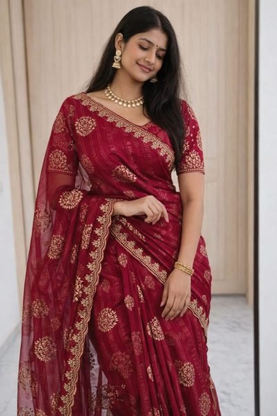 Vibrant Red Stylish Embroidery Saree for Women Special Occasions Embroidery Sarees Wholesale
