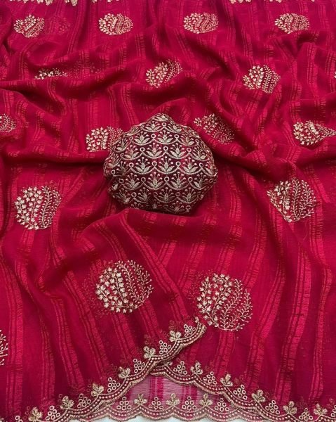 Vibrant Red Stylish Embroidery Saree for Women Special Occasions Embroidery Sarees Wholesale