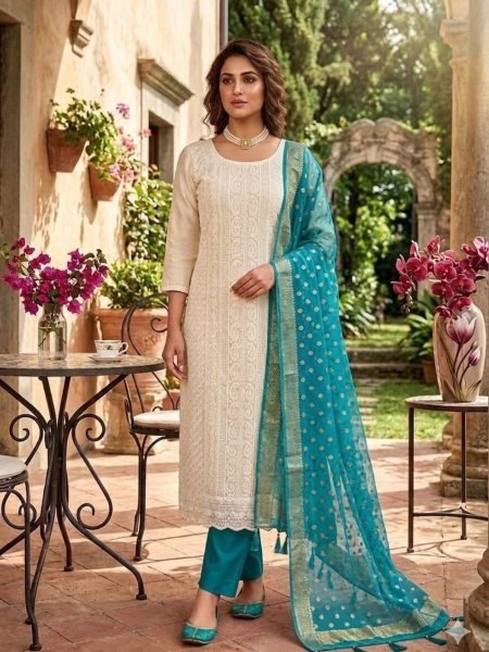 Vibrant Sky Blue Georgette Ethnic Suit Set with Jacquard Organza Dupatta Design 