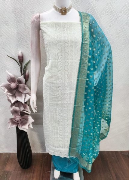Vibrant Sky Blue Georgette Ethnic Suit Set with Jacquard Organza Dupatta Design Color Set Matching Dress Material Wholesale