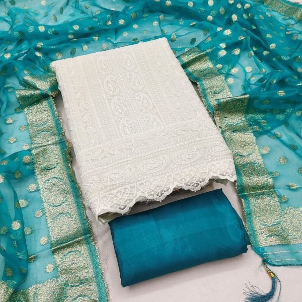 Vibrant Sky Blue Georgette Ethnic Suit Set with Jacquard Organza Dupatta Design Color Set Matching Dress Material Wholesale
