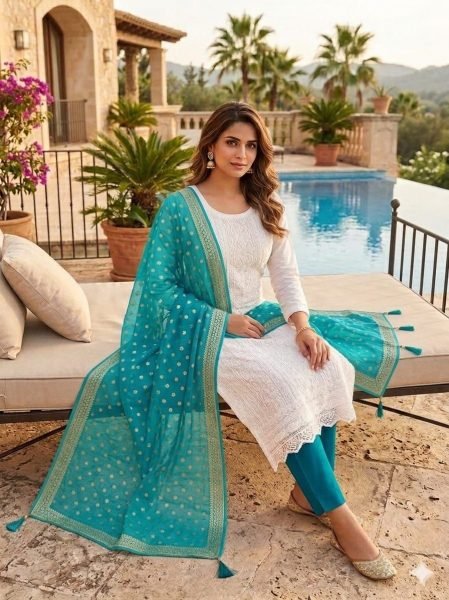 Vibrant Sky Blue Georgette Ethnic Suit Set with Jacquard Organza Dupatta Design Color Set Matching Dress Material Wholesale