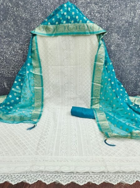 Vibrant Sky Blue Georgette Ethnic Suit Set with Jacquard Organza Dupatta Design Color Set Matching Dress Material Wholesale