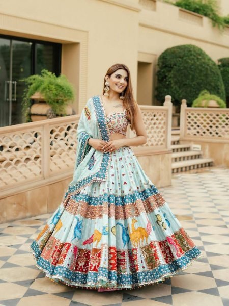 Vibrant Sky Blue Muslin Cotton Mirror Work Lehenga Choli with Digital Print for Navratri 