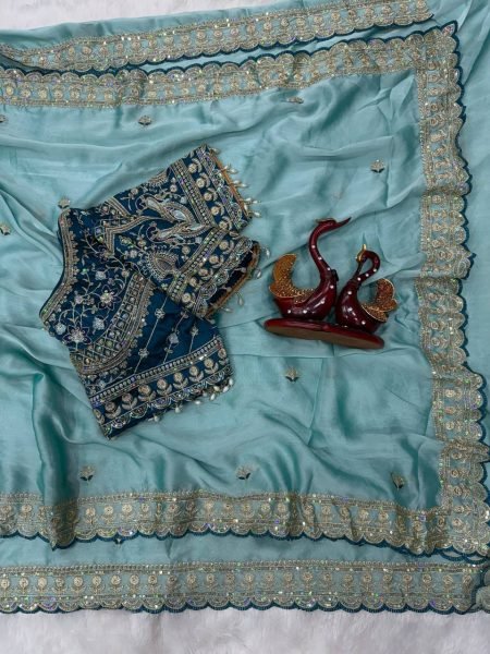 Vibrant Sky Blue Soft Rangoli Silk Saree with Full Stitched Banglori Blouse Designer Wedding Sarees Wholesale