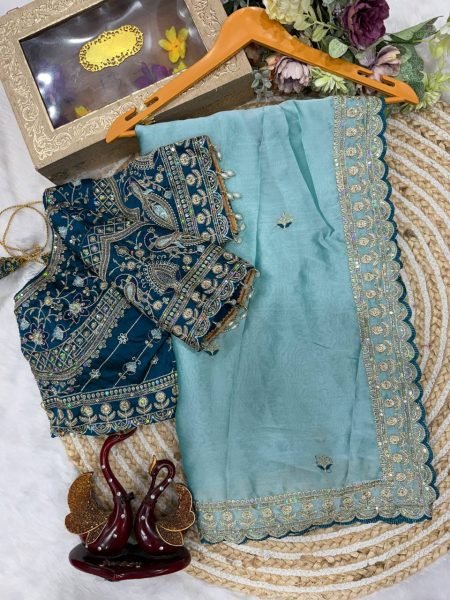 Vibrant Sky Blue Soft Rangoli Silk Saree with Full Stitched Banglori Blouse Designer Wedding Sarees Wholesale