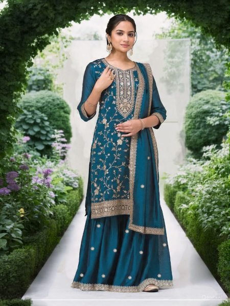 Vibrant Teal Blue Blooming Vichitra Salwar Suit with Rich Sequin Work for Festive Events Salwar Kameez
