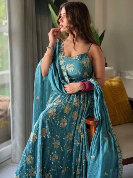 Vibrant Teal Blue Heavy Silk Anarkali Gown with Beads Hand Work for Wedding Wear Ready To Wear Suit