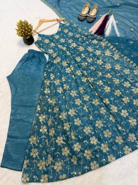 Vibrant Teal Blue Heavy Silk Anarkali Gown with Beads Hand Work for Wedding Wear Ready To Wear Collection