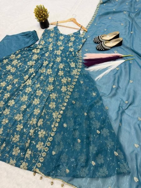 Vibrant Teal Blue Heavy Silk Anarkali Gown with Beads Hand Work for Wedding Wear Ready To Wear Collection