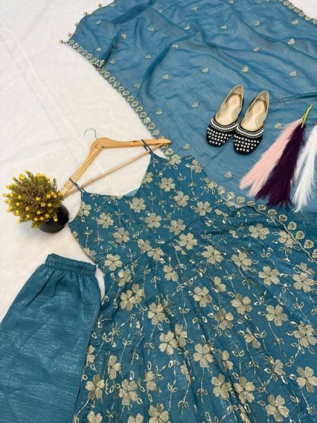 Vibrant Teal Blue Heavy Silk Anarkali Gown with Beads Hand Work for Wedding Wear Ready To Wear Collection