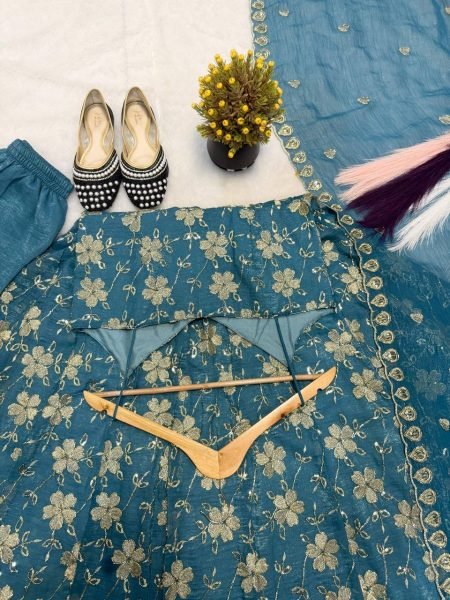 Vibrant Teal Blue Heavy Silk Anarkali Gown with Beads Hand Work for Wedding Wear Ready To Wear Collection