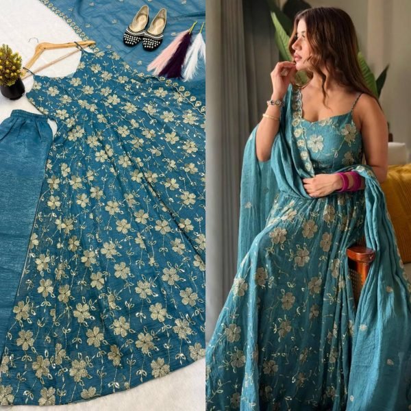 Vibrant Teal Blue Heavy Silk Anarkali Gown with Beads Hand Work for Wedding Wear Ready To Wear Collection