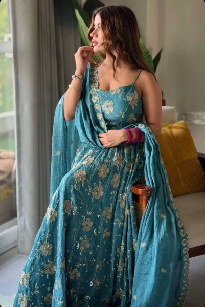 Vibrant Teal Blue Heavy Silk Anarkali Gown with Beads Hand Work for Wedding Wear Ready To Wear Collection