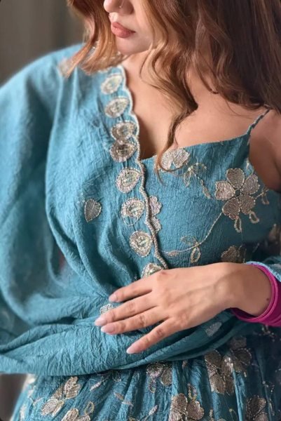 Vibrant Teal Blue Heavy Silk Anarkali Gown with Beads Hand Work for Wedding Wear Ready To Wear Collection