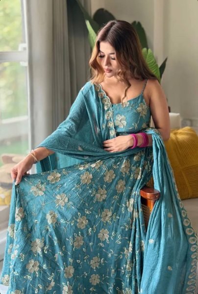 Vibrant Teal Blue Heavy Silk Anarkali Gown with Beads Hand Work for Wedding Wear Ready To Wear Collection