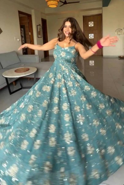 Vibrant Teal Blue Heavy Silk Anarkali Gown with Beads Hand Work for Wedding Wear Ready To Wear Collection