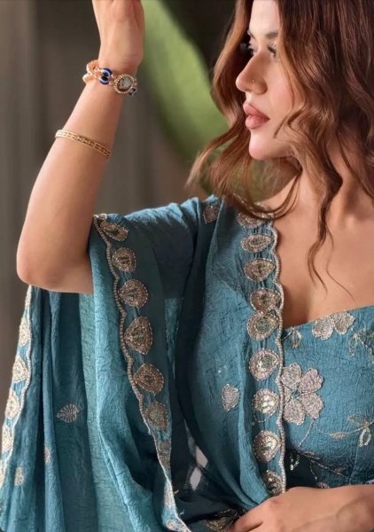 Vibrant Teal Blue Heavy Silk Anarkali Gown with Beads Hand Work for Wedding Wear Ready To Wear Collection