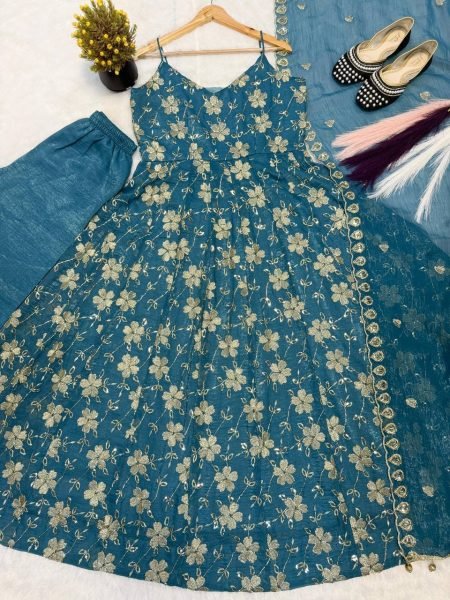 Vibrant Teal Blue Heavy Silk Anarkali Gown with Beads Hand Work for Wedding Wear Ready To Wear Collection