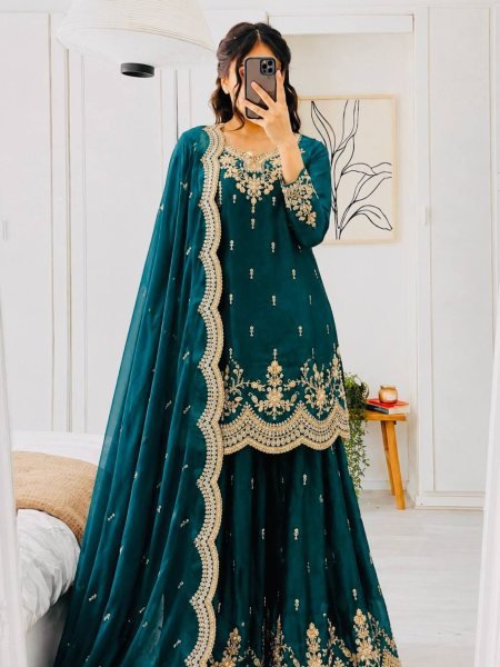 Vibrant Teal Green Fendy Satin Sharara Set With Dupatta Using Embroidery Work  Ready To Wear Suit