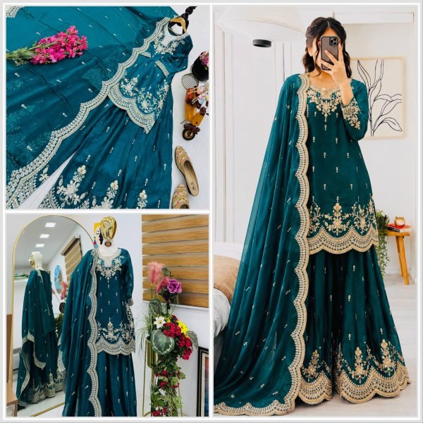 Vibrant Teal Green Fendy Satin Sharara Set With Dupatta Using Embroidery Work  Ready To Wear Collection