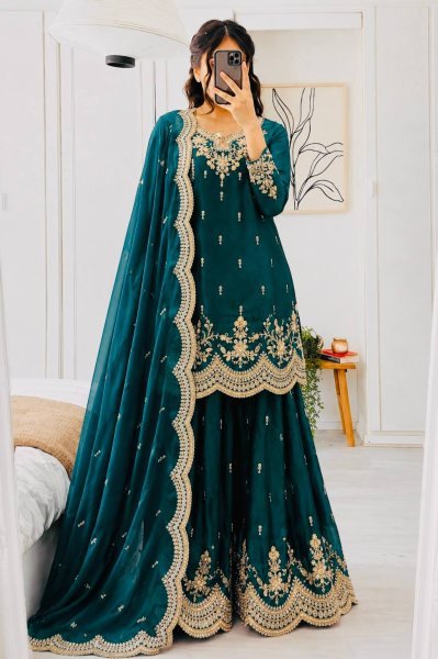 Vibrant Teal Green Fendy Satin Sharara Set With Dupatta Using Embroidery Work  Ready To Wear Collection