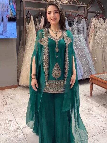 Vibrant Teal Green Rangoli Fabric Cording Sequence Embroidered Palazzo Set with Shrug Ready To Wear Suit