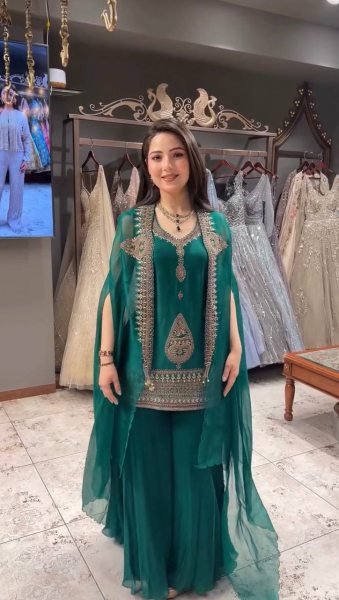 Vibrant Teal Green Rangoli Fabric Cording Sequence Embroidered Palazzo Set with Shrug Ready To Wear Collection