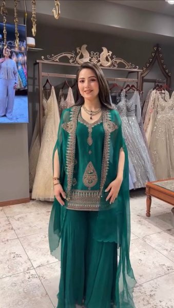 Vibrant Teal Green Rangoli Fabric Cording Sequence Embroidered Palazzo Set with Shrug Ready To Wear Collection