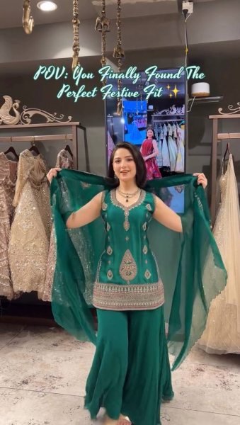 Vibrant Teal Green Rangoli Fabric Cording Sequence Embroidered Palazzo Set with Shrug Ready To Wear Collection