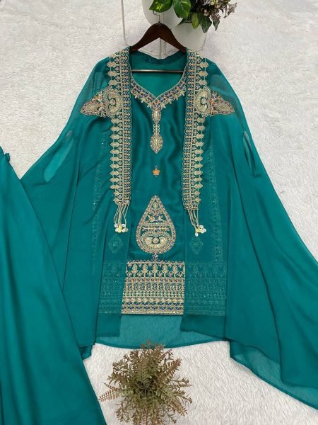 Vibrant Teal Green Rangoli Fabric Cording Sequence Embroidered Palazzo Set with Shrug Ready To Wear Collection