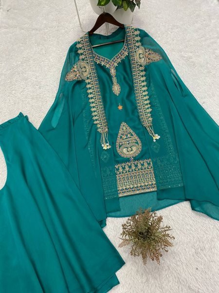 Vibrant Teal Green Rangoli Fabric Cording Sequence Embroidered Palazzo Set with Shrug Ready To Wear Collection