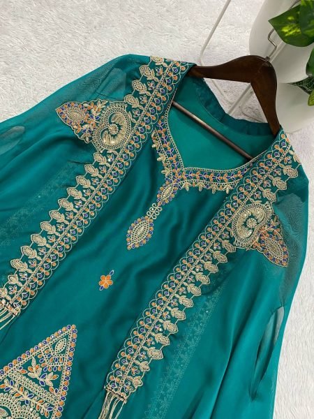 Vibrant Teal Green Rangoli Fabric Cording Sequence Embroidered Palazzo Set with Shrug Ready To Wear Collection