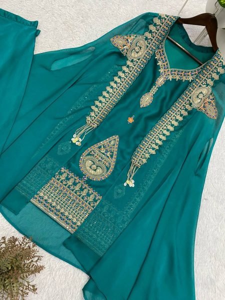 Vibrant Teal Green Rangoli Fabric Cording Sequence Embroidered Palazzo Set with Shrug Ready To Wear Collection
