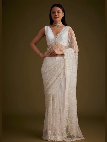 Vibrant White Designer Butterfly Net Saree with Heavy Embroidery Blouse for Festival Sarees 