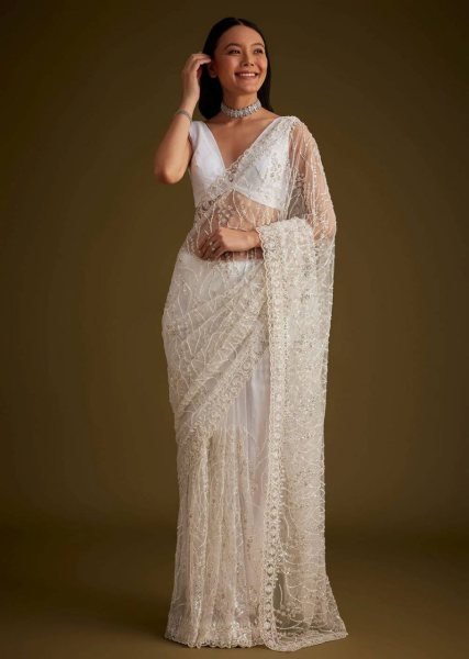 Vibrant White Designer Butterfly Net Saree with Heavy Embroidery Blouse for Festival Bollywood Fancy Sarees Wholesale