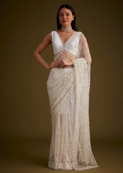 Vibrant White Designer Butterfly Net Saree with Heavy Embroidery Blouse for Festival Bollywood Fancy Sarees Wholesale
