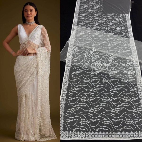 Vibrant White Designer Butterfly Net Saree with Heavy Embroidery Blouse for Festival Bollywood Fancy Sarees Wholesale