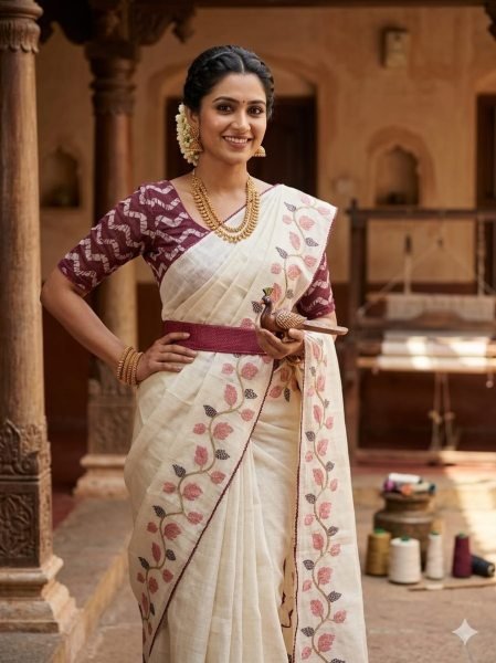 Vibrant White Designer Linen Cotton Laheriya Print Saree with Contrast Blouse at Wholesale Rate Printed Cotton Sarees Wholesale