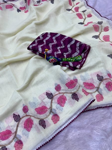 Vibrant White Designer Linen Cotton Laheriya Print Saree with Contrast Blouse at Wholesale Rate Printed Cotton Sarees Wholesale