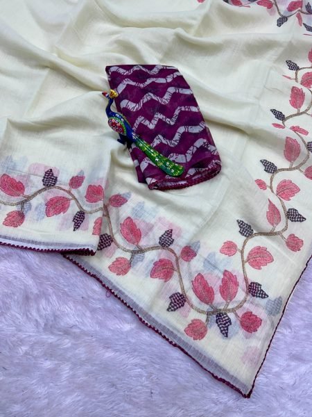 Vibrant White Designer Linen Cotton Laheriya Print Saree with Contrast Blouse at Wholesale Rate Printed Cotton Sarees Wholesale