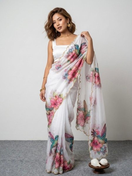 Vibrant White Designer Soft Tabby Saree with Cutdana Work and Jalpari Silk Blouse 