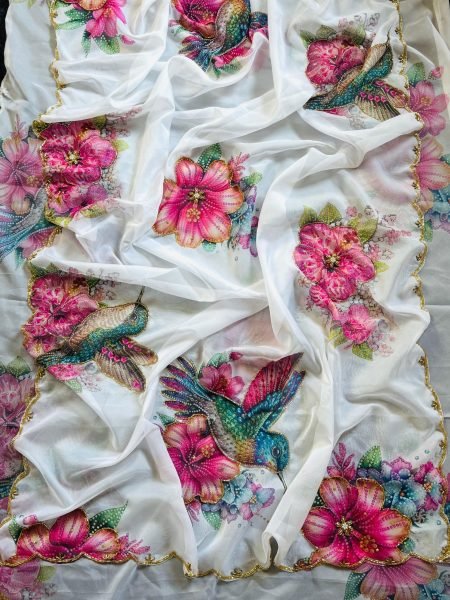 Vibrant White Designer Soft Tabby Saree with Cutdana Work and Jalpari Silk Blouse Designer Wedding Sarees Wholesale
