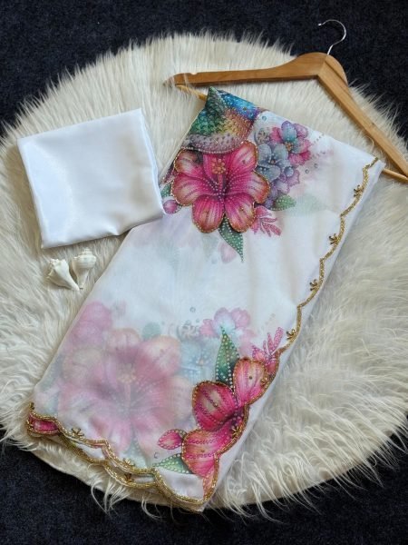 Vibrant White Designer Soft Tabby Saree with Cutdana Work and Jalpari Silk Blouse Designer Wedding Sarees Wholesale