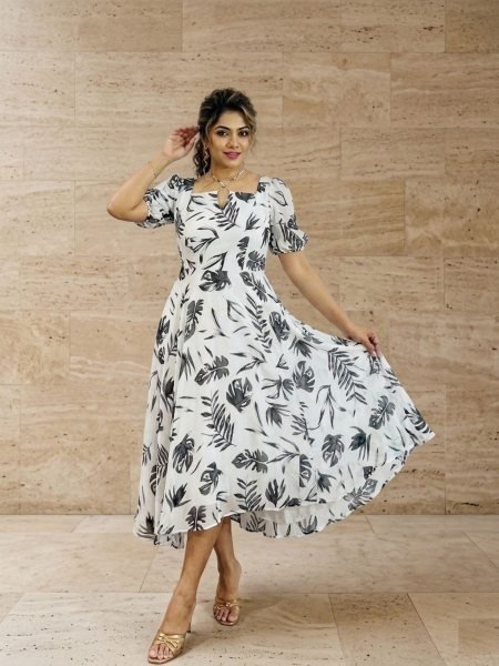 Vibrant White Elegant Fox Georgette Flared Gown for Festive and Party Wear 