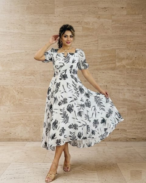 Vibrant White Elegant Fox Georgette Flared Gown for Festive and Party Wear Western Ladies Top Wholesale